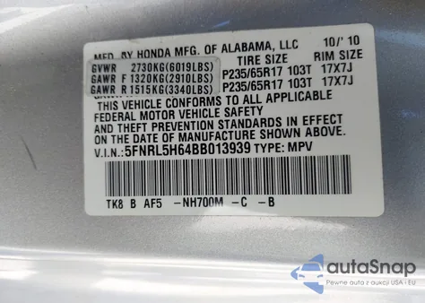 2011 Honda Odyssey Ex-L из США, поврежденный, VIN 5FNRL5H64BB013939